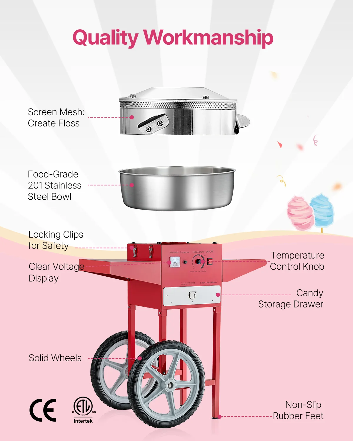 Commercial Cotton Candy Cart - con carrello per zucchero filato commerciale